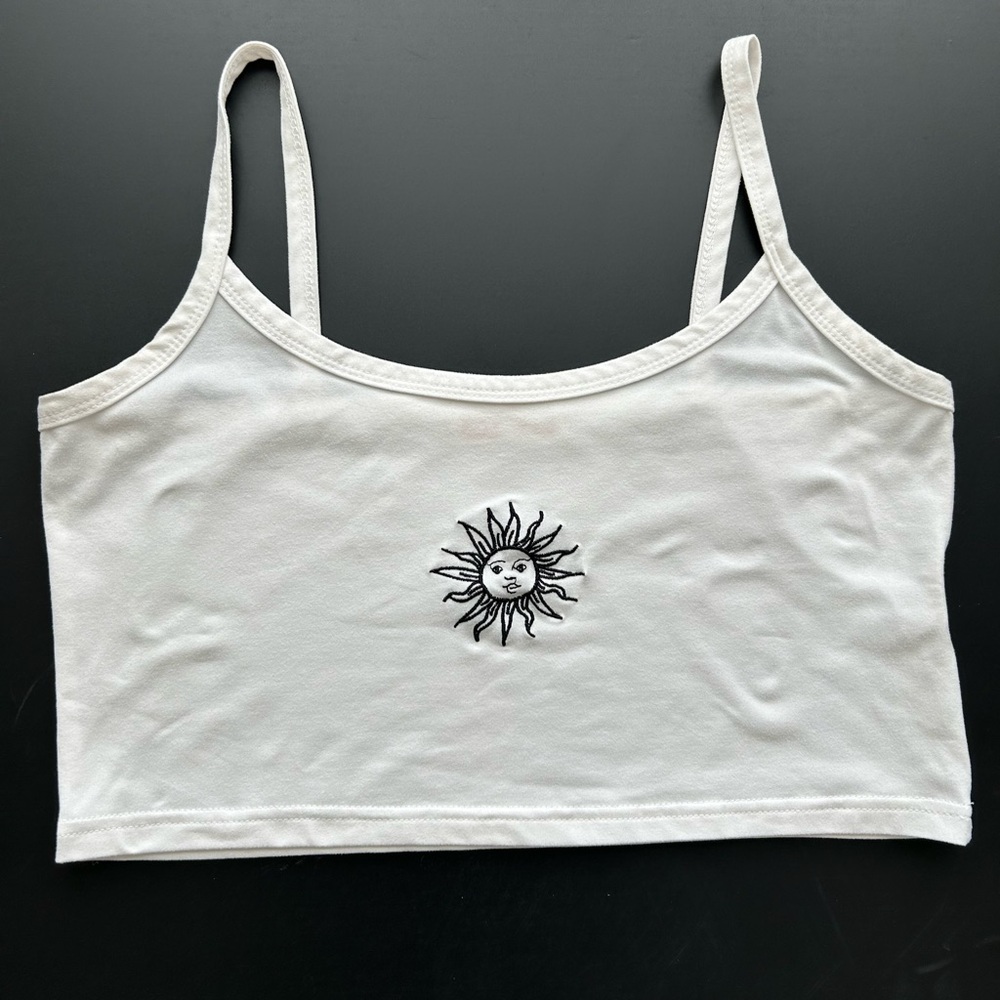 Women’s White Summer Cropped Tank Top with Embroidered Sun
